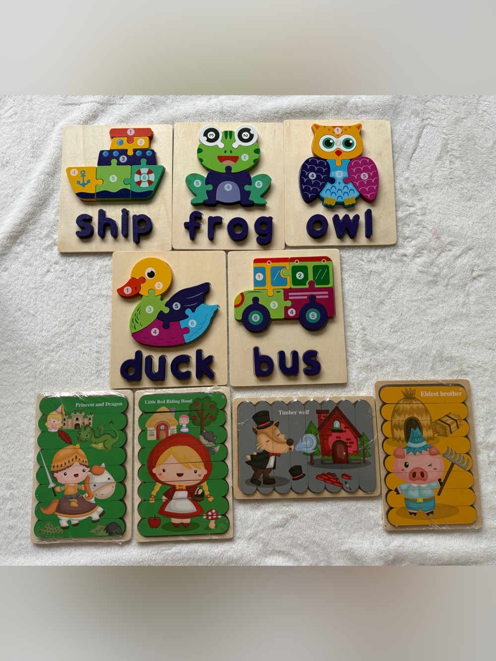 Kids Wooden Animal Spelling/Number Puzzle + Wooden Puzzles Pattern Blocks NEW